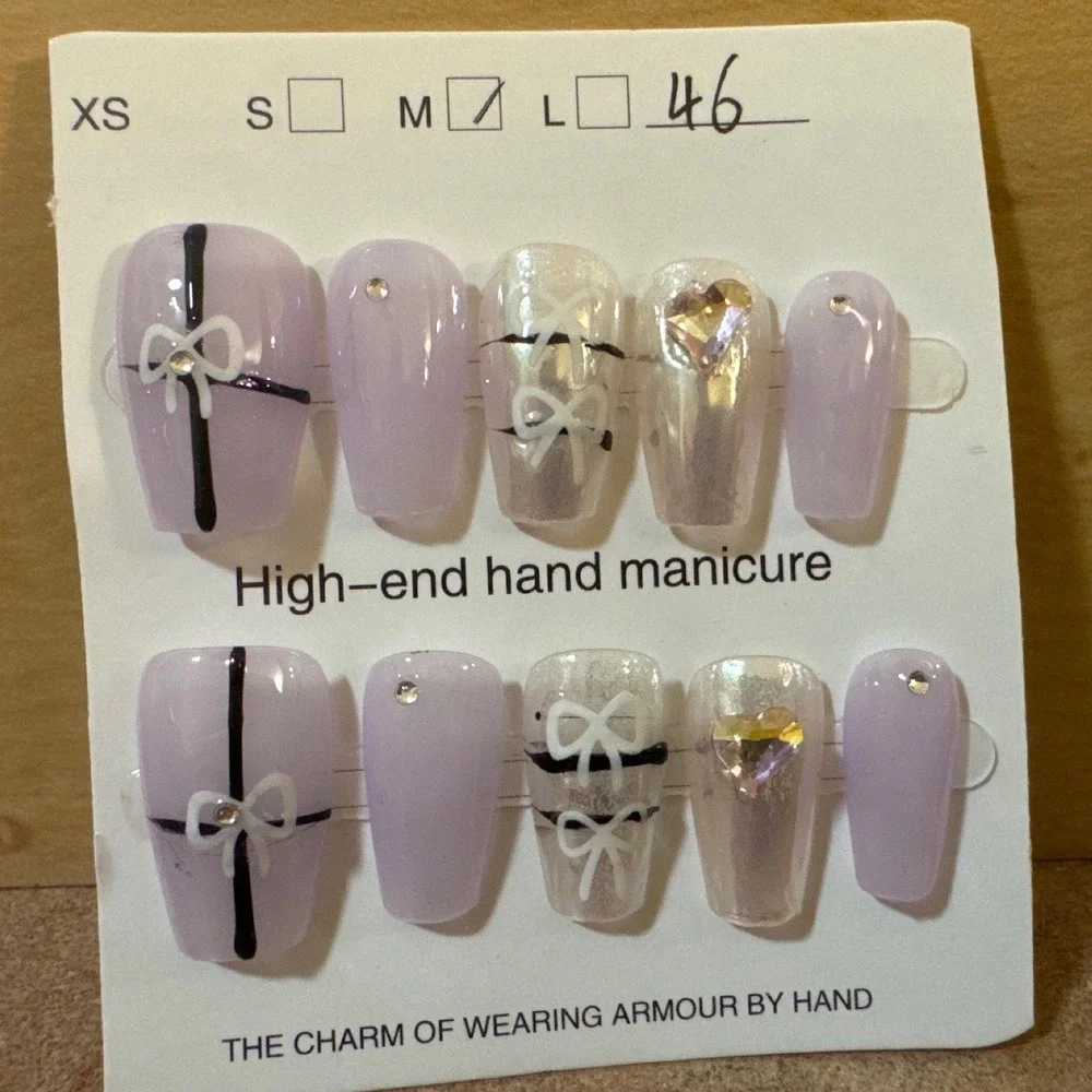 Purple‎ Bow Press On Nails Coquette Iridescent Heart Rhinestone Medium Coffin